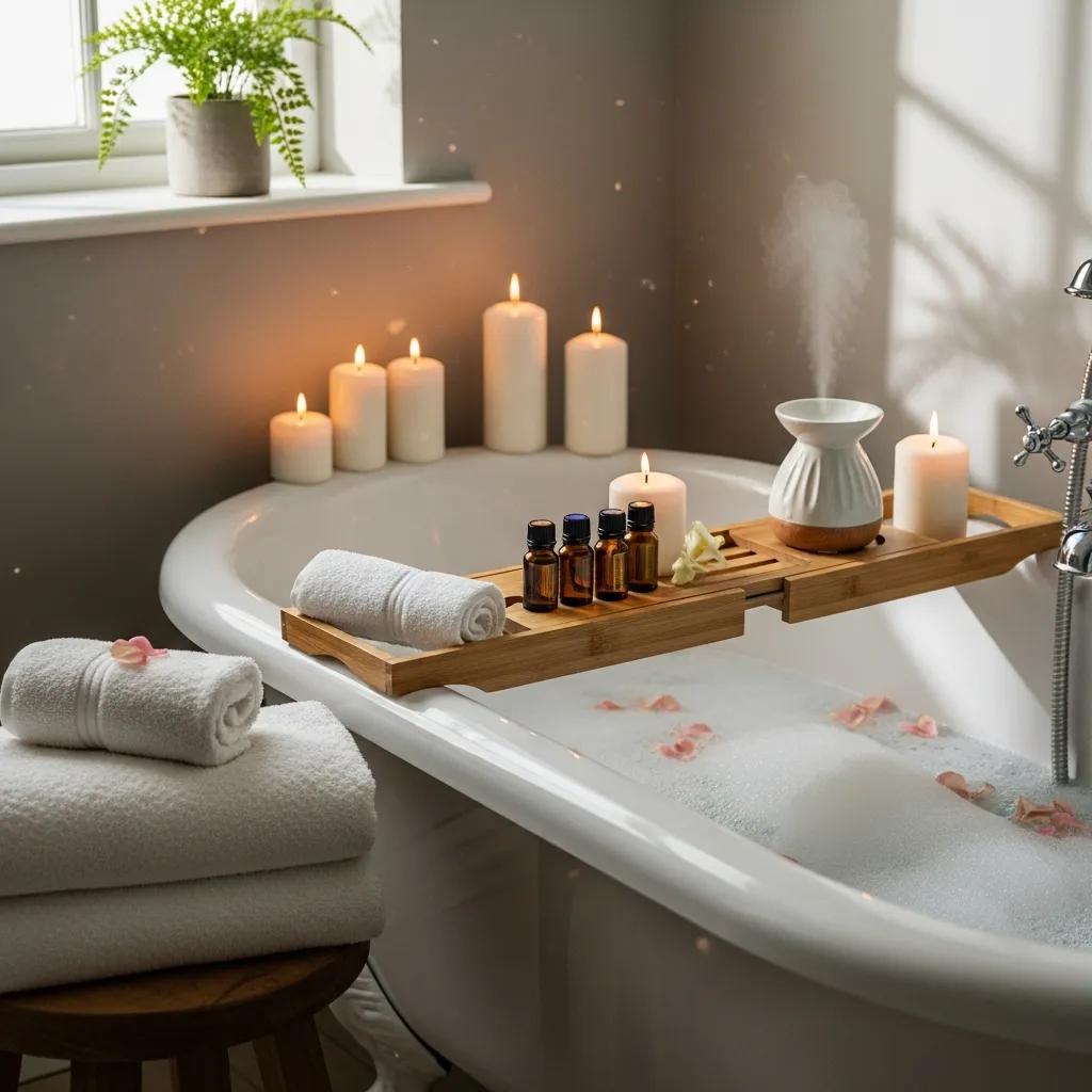 At-home spa setup with candles, essential oils, and soft towels for relaxation