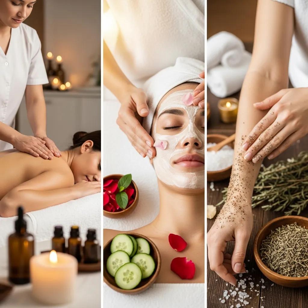 Collage of holistic care services including massage, facial, and body treatment