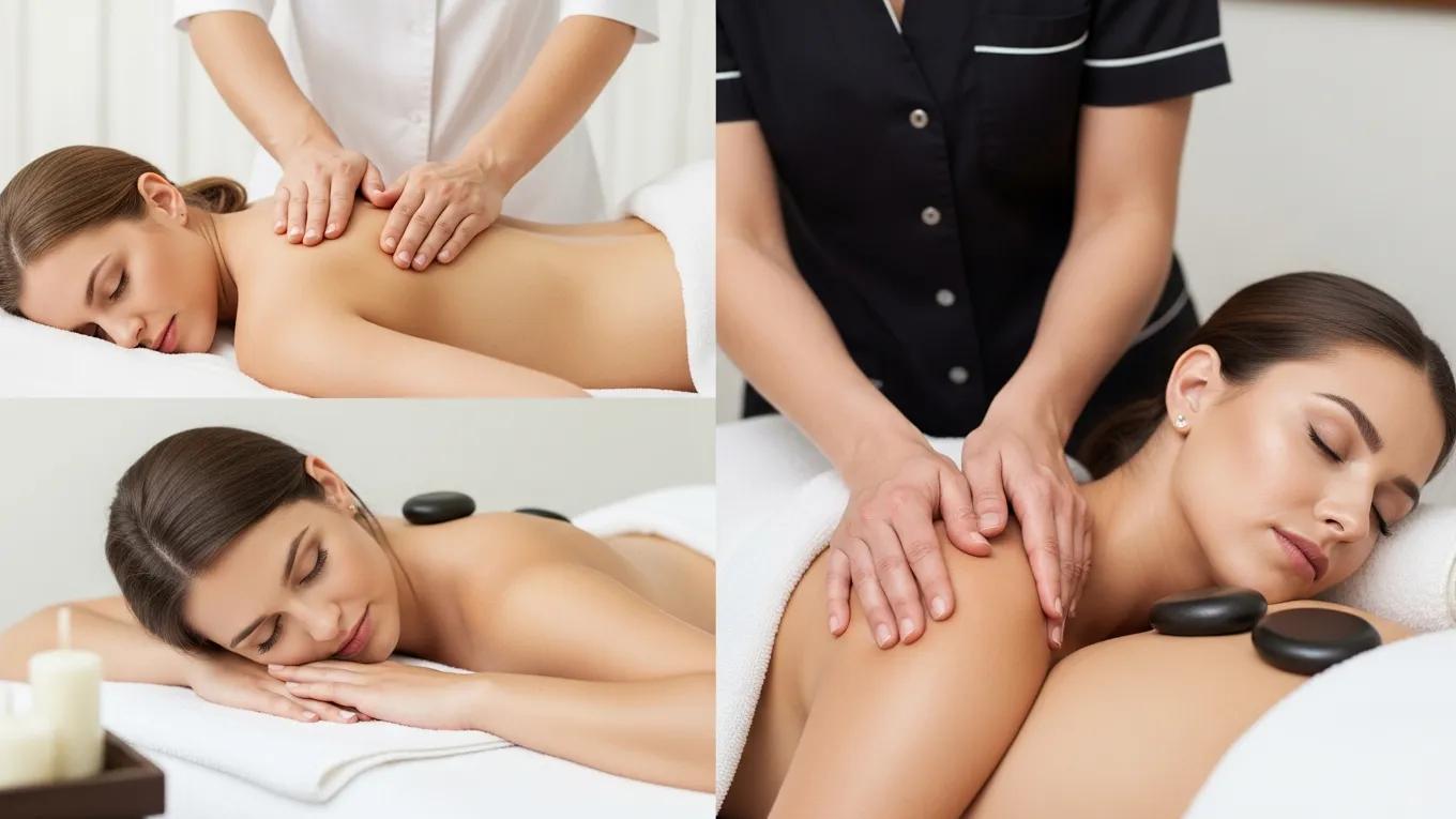 Collage of various massage types including Swedish, deep tissue, and hot stone