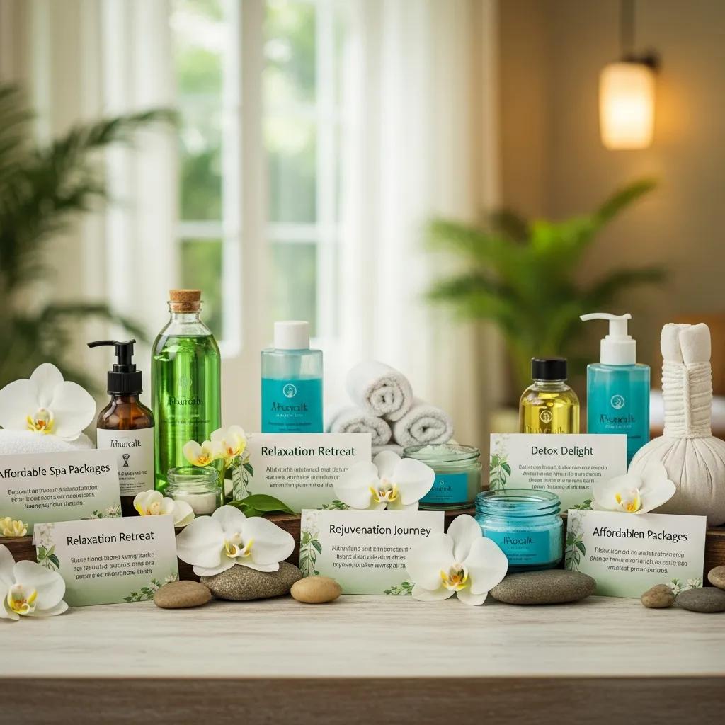 Display of spa retreat packages with wellness products and serene background