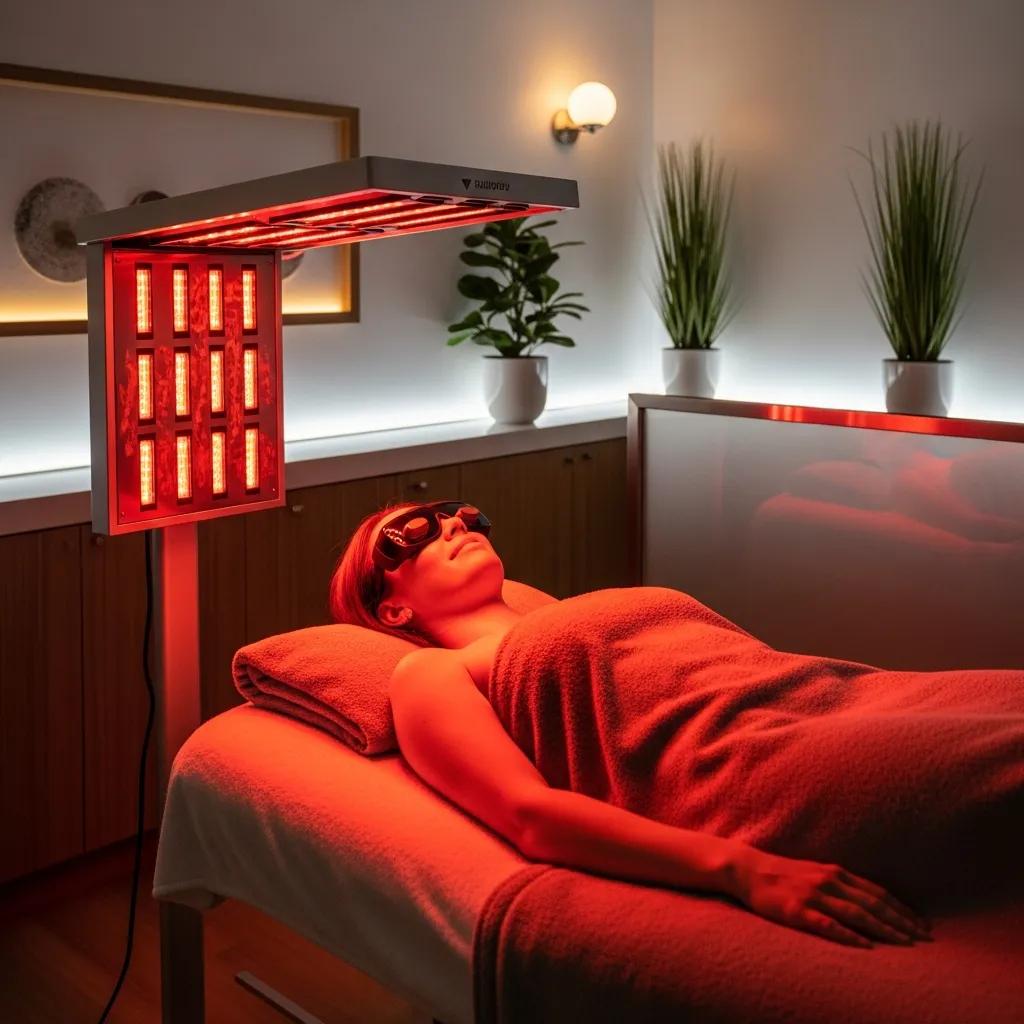 Individual receiving red light therapy in a spa for skin rejuvenation