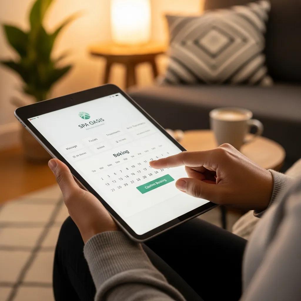 Person booking a spa appointment online on a laptop in a cozy setting