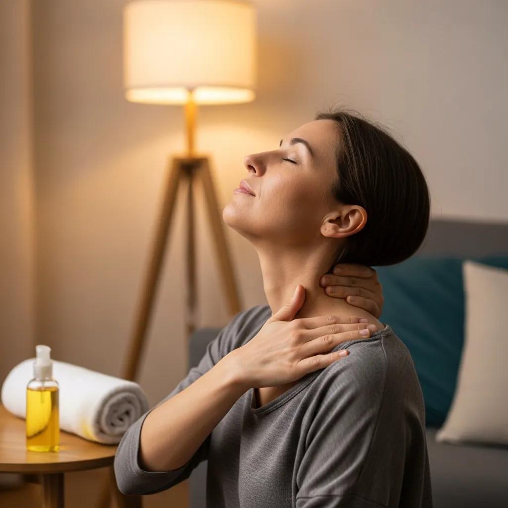 Person performing self-massage on neck and shoulders in a calming environment