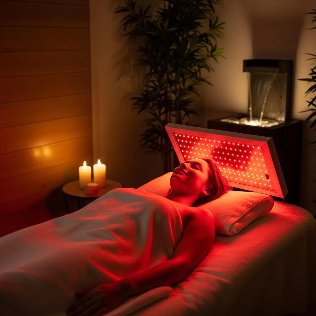 Person receiving red light therapy in a calming spa environment