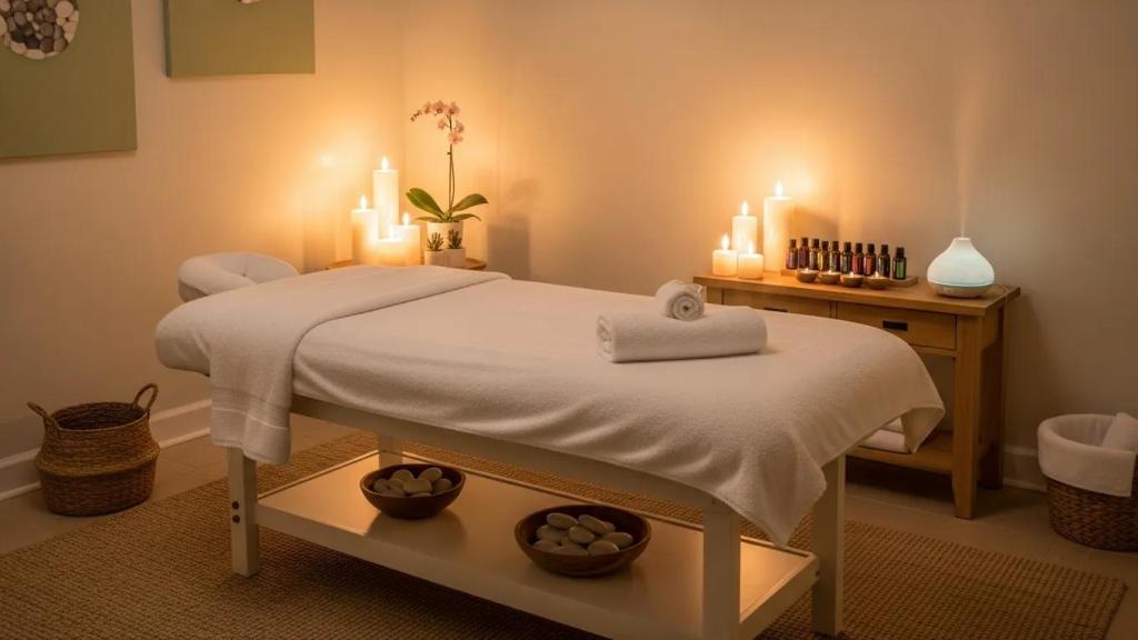 Relaxing massage therapy room in Winter Garden, Florida, highlighting a tranquil spa environment