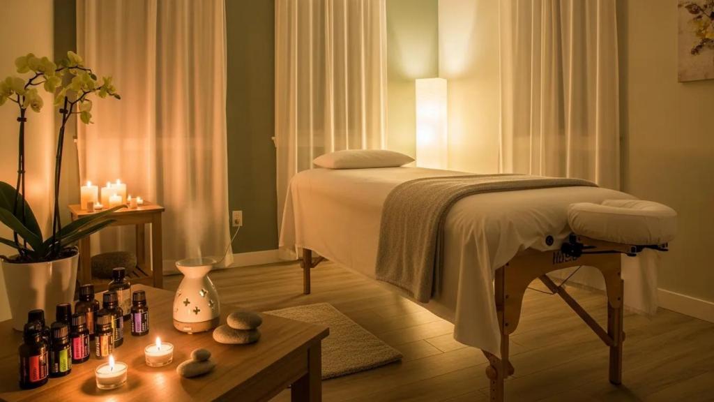 Relaxing massage therapy room with calming ambiance and essential oils