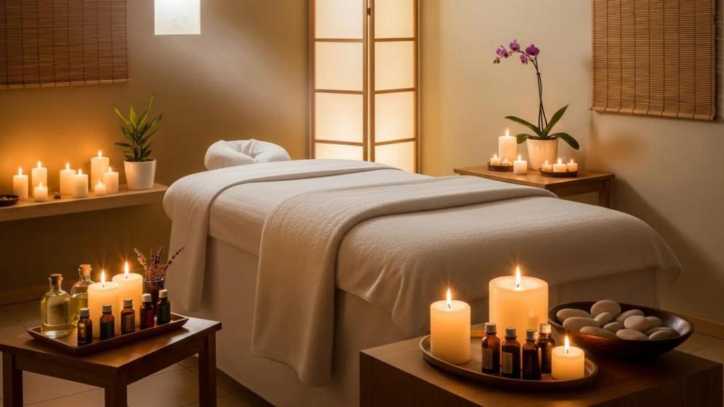 Relaxing massage therapy room with calming ambiance and essential oils
