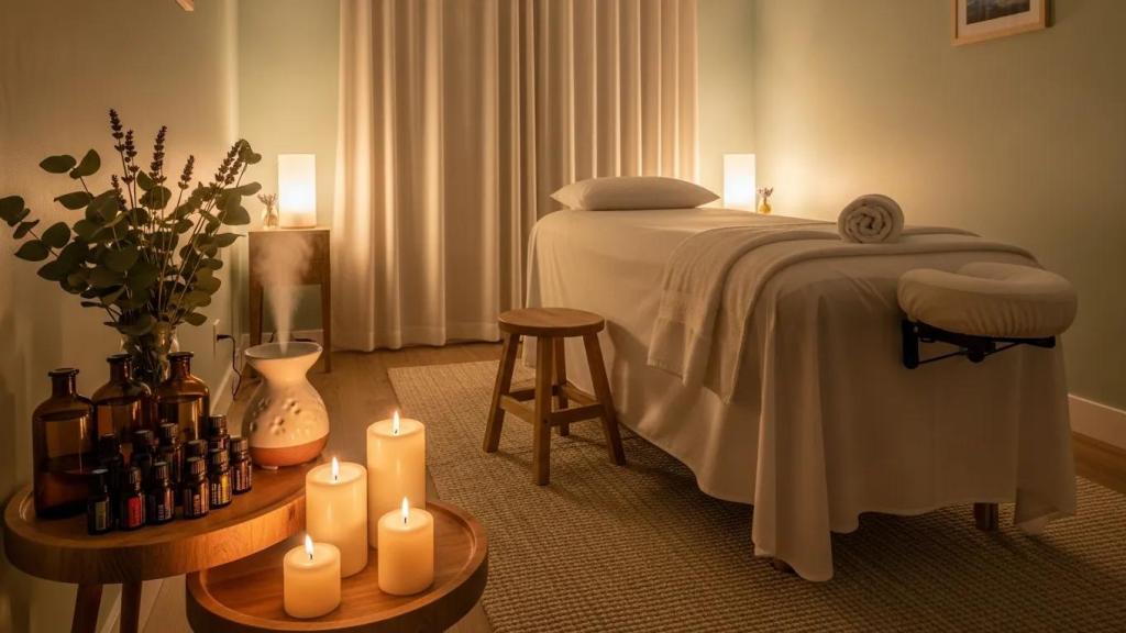 Relaxing massage therapy room with calming decor and essential oils