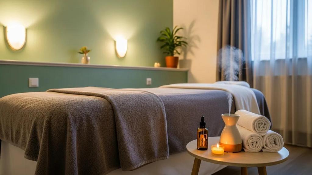 Relaxing massage therapy room with calming decor and essential oils for post-workout recovery