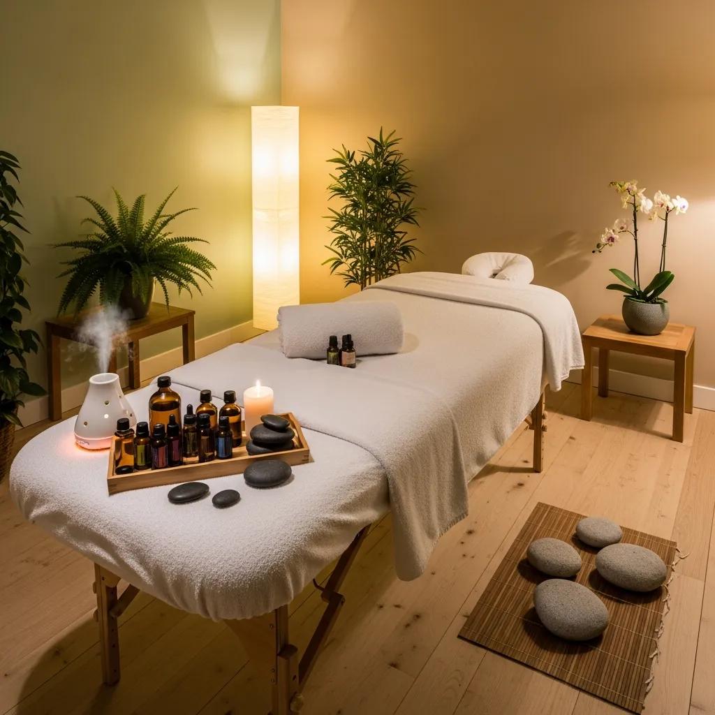 Relaxing spa environment with massage table and calming decor