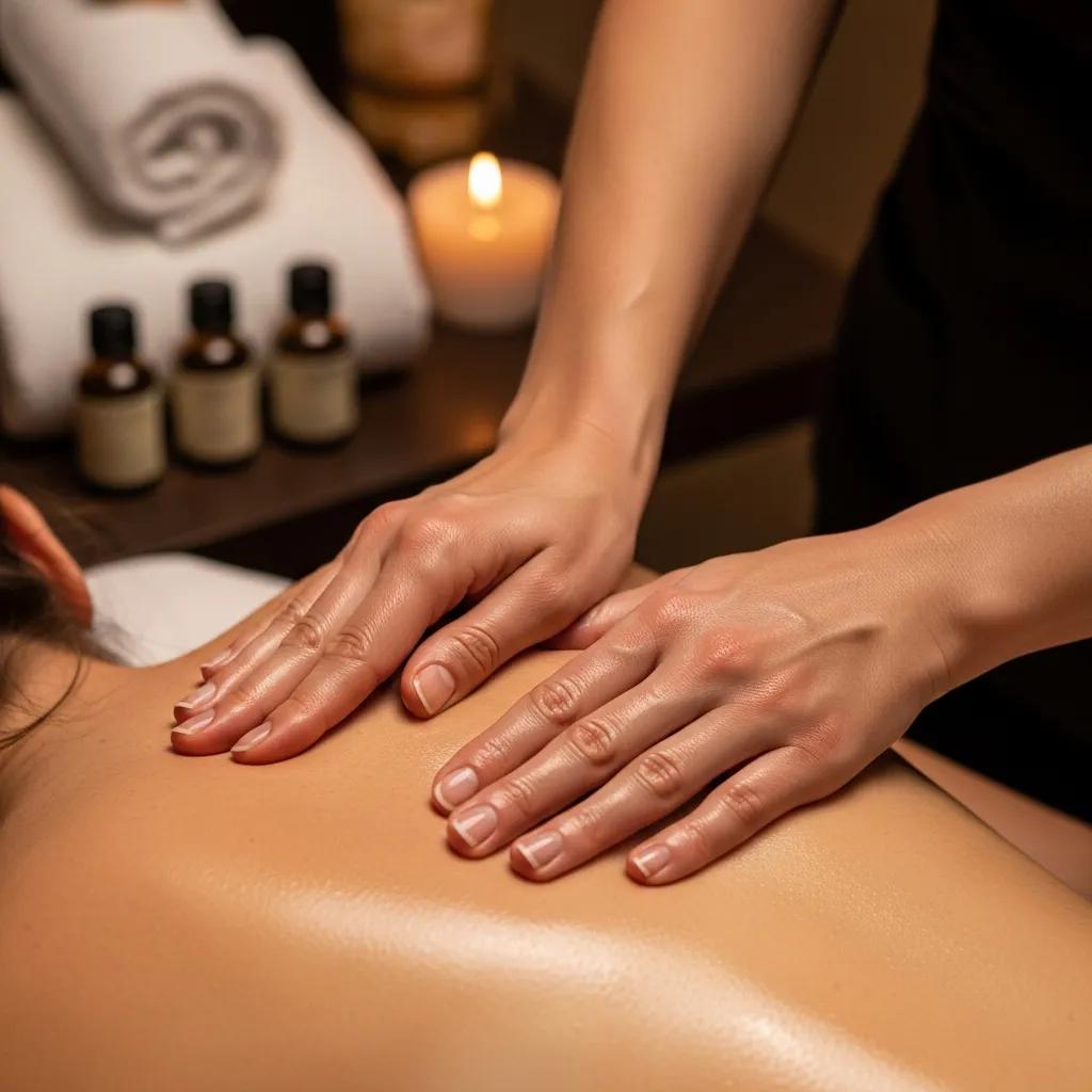 Therapist performing a massage on a client's back in a calming spa setting