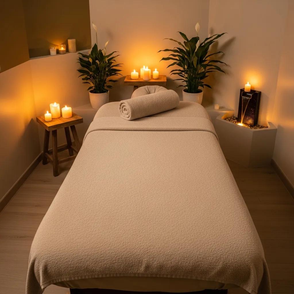 Tranquil spa treatment room with calming decor and prepared massage table