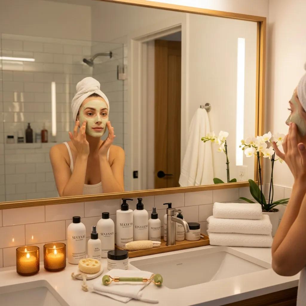 Woman applying facial mask in a serene bathroom with spa products