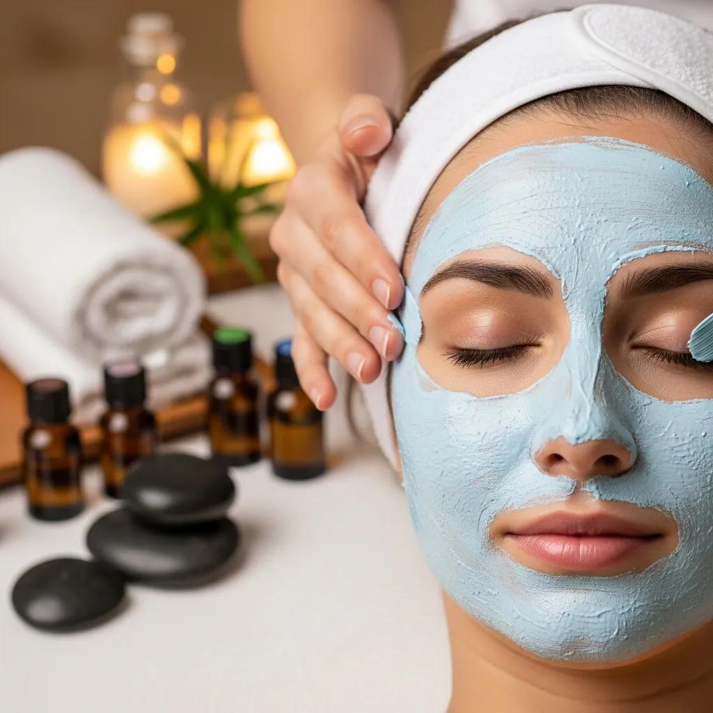 Woman enjoying a facial treatment with hydrating mask in a spa